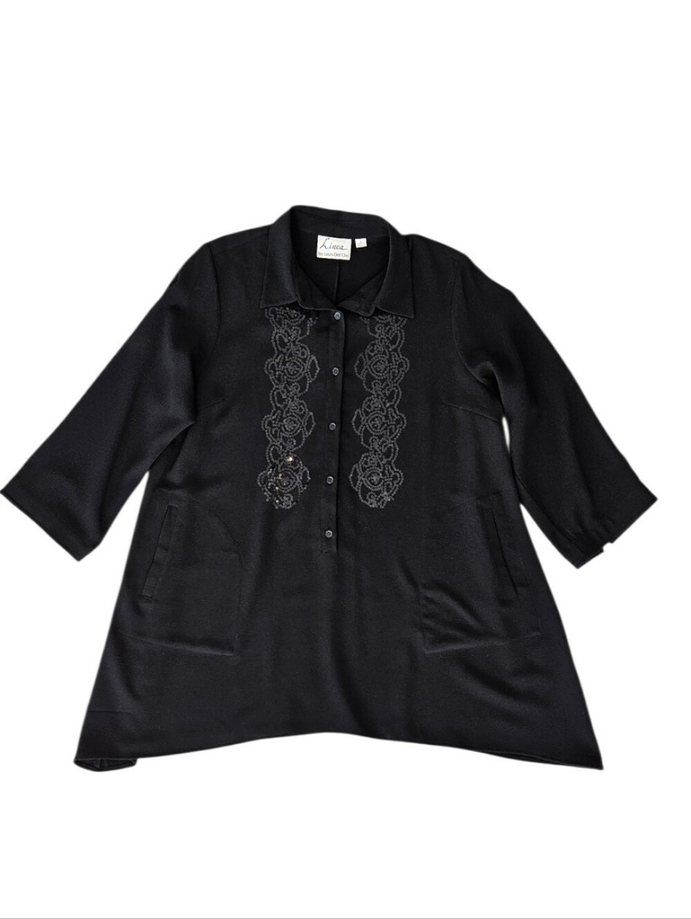 Linea Women’s Large Black Tunic Top Sequin Embellished 3/4 Sleeve Button Front